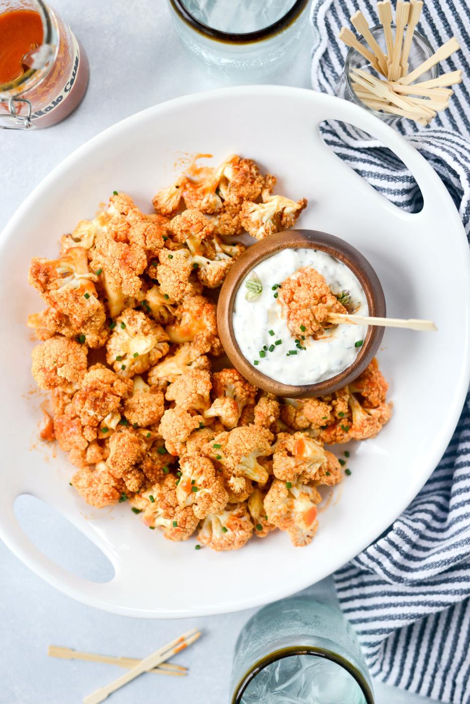 Fryer Buffalo Cauliflower Bites with Garlic Blue Cheese Dip, Air Style
