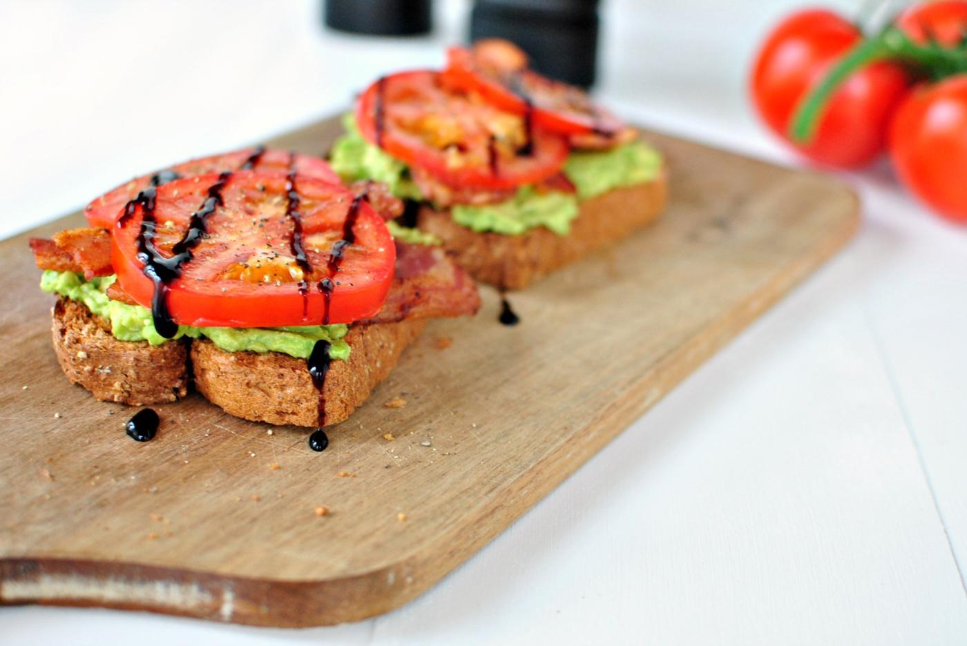 Tomato Avocado Smashed Toast with Balsamic Drizzle, Bacon Style