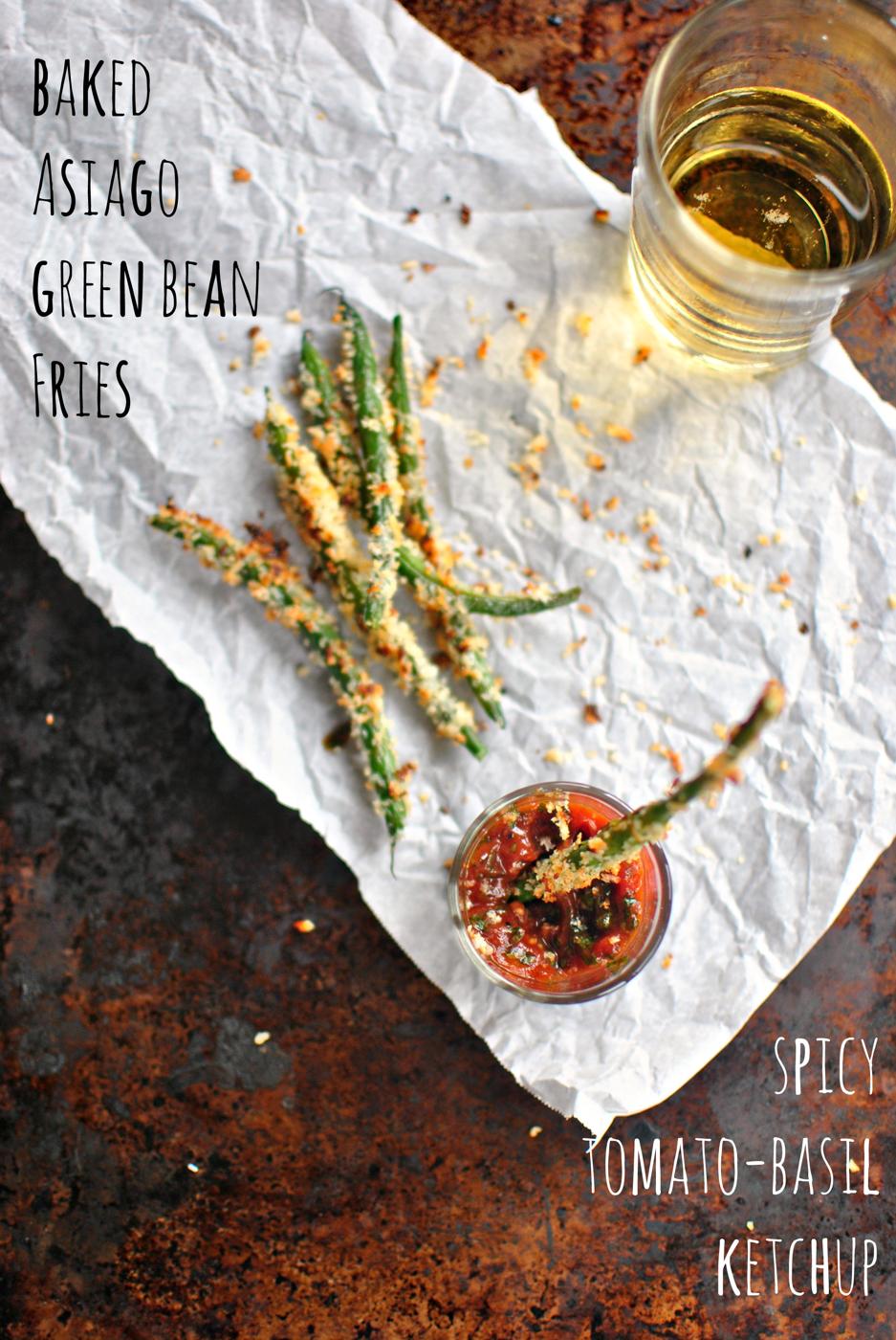Baked Asiago Green Bean Fries + Spicy Tomato-Basil Ketchup at Home