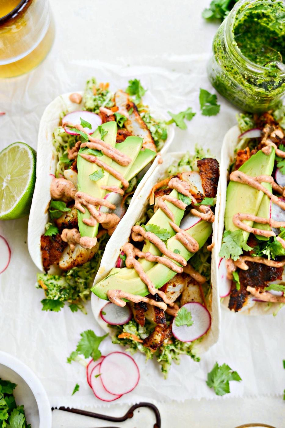 Cilantro Pesto Slaw Blackened Fish Tacos