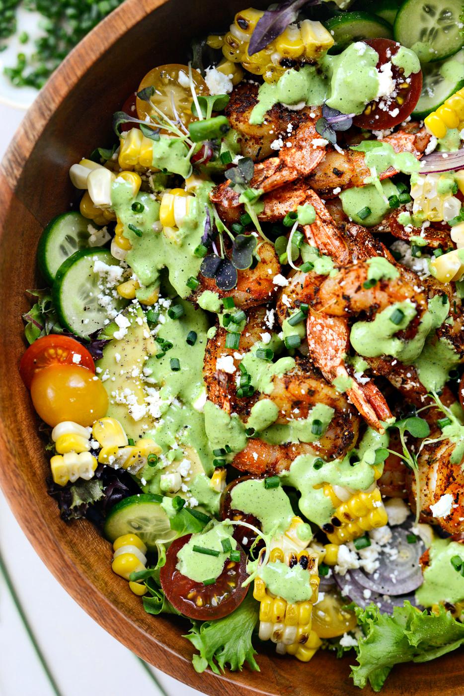 Blackened Shrimp Summer Salad with Corn and Feta at Home