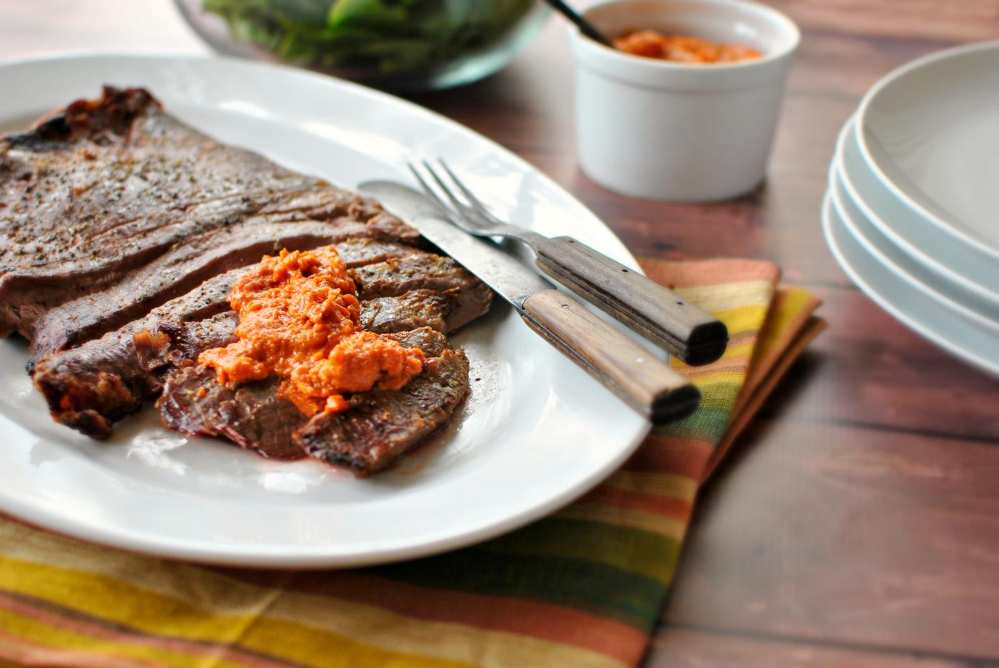 Steak with Romesco Sauce, Flank Style