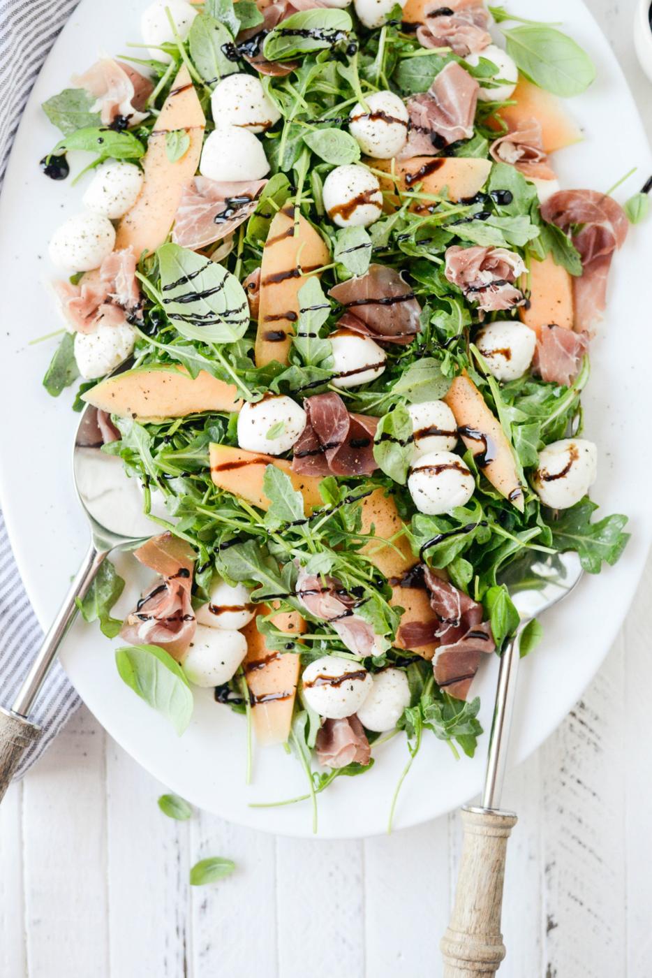 Home Kitchen Cantaloupe and Prosciutto Arugula Caprese Salad