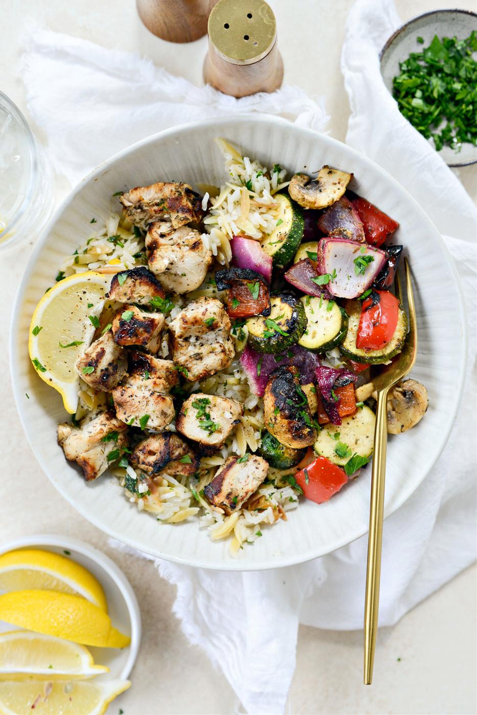 Home Kitchen Chicken Souvlaki with Grilled Vegetables