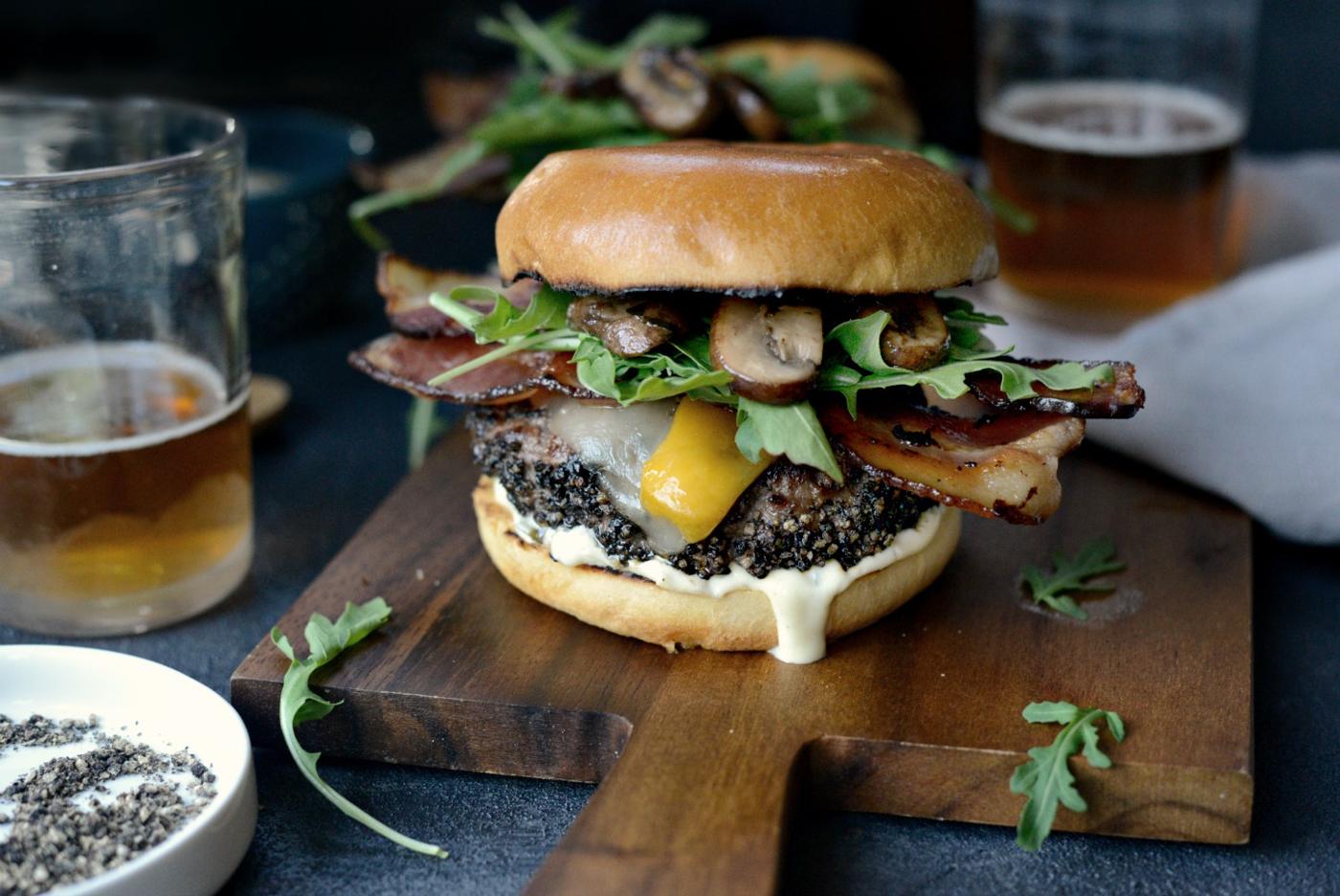 Aioli: Peppercorn Crusted Burgers with Dill Pickle