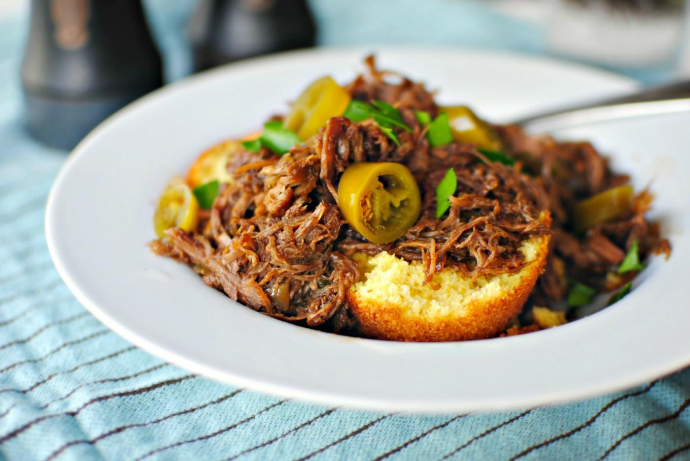 Home Kitchen Slow Cooker Balsamic Honey Pulled Pork Over Cornbread