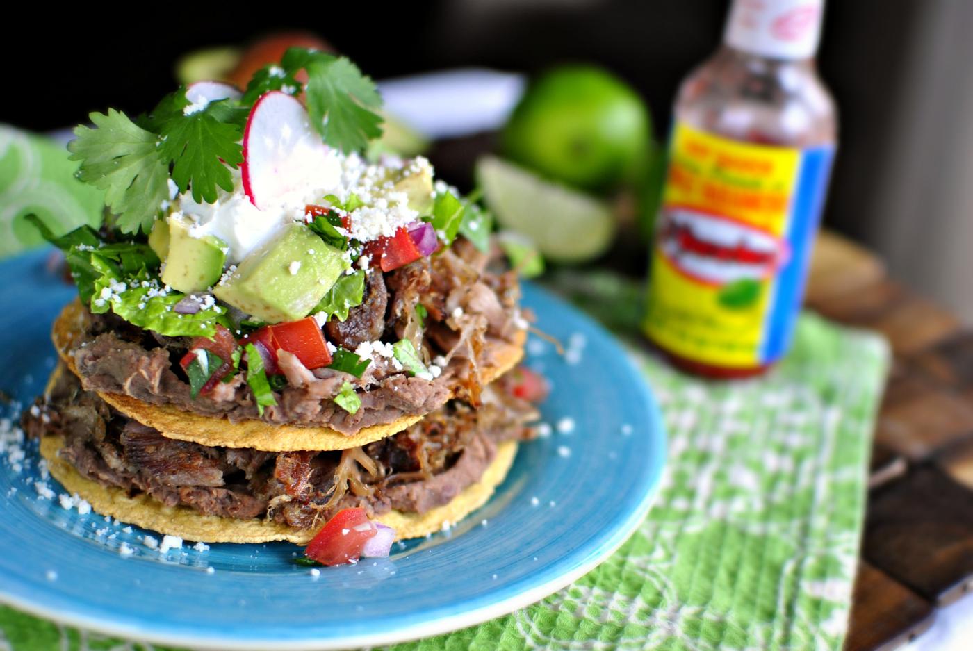 Double Decker Pork Carnitas and Refried Bean Tostadas at Home