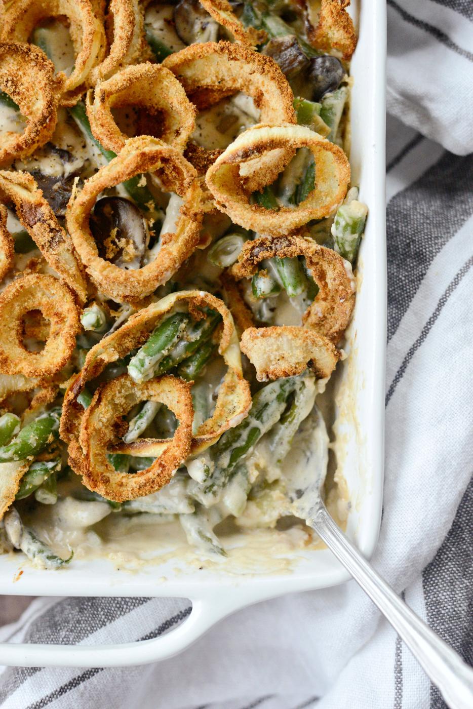 Fresh Green Bean Casserole with Onion Ring Topping at Home