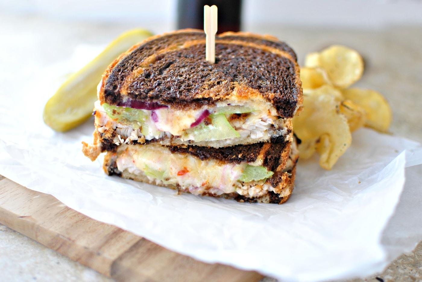 Adobo Turkey with Green Tomato and Smoked Cheddar Grilled Cheese + Chipotle Honey Mayo, Grilled Style