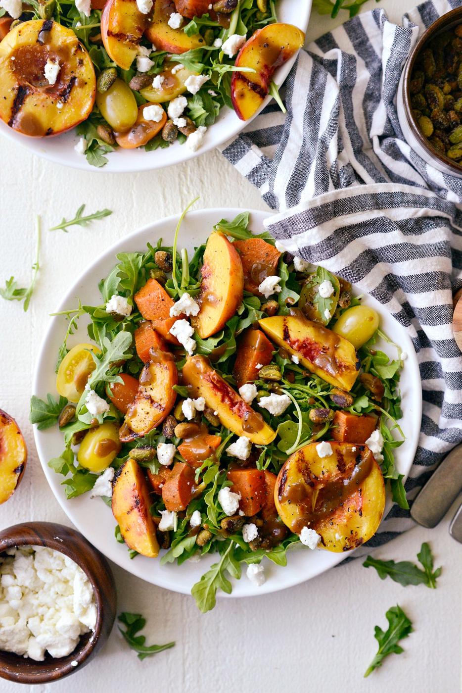 Grilled Peach and Sweet Potato Arugula Salad at Home