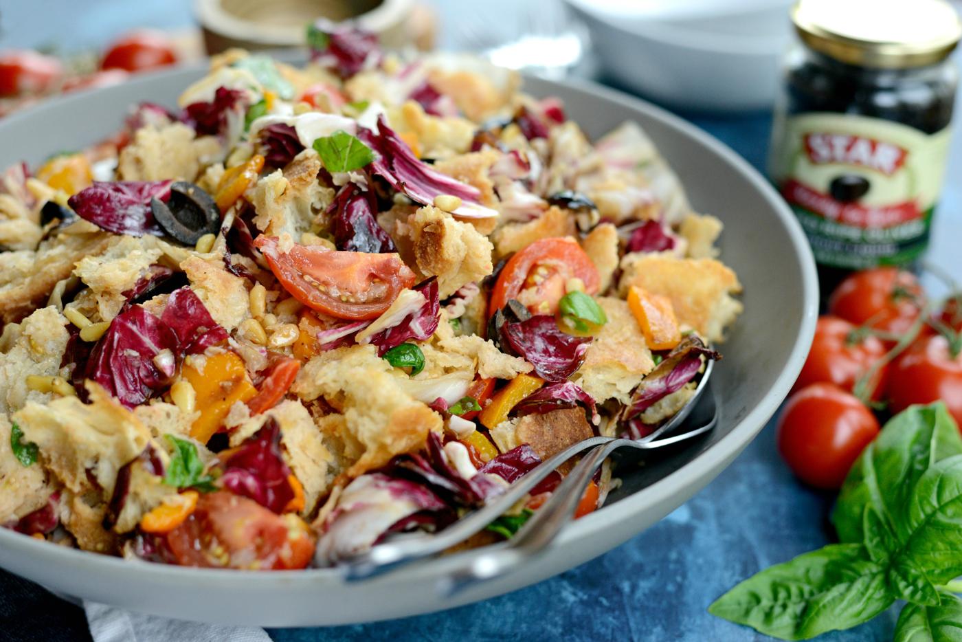 Home Kitchen Grilled Radicchio, Bell Pepper + Olive Panzanella