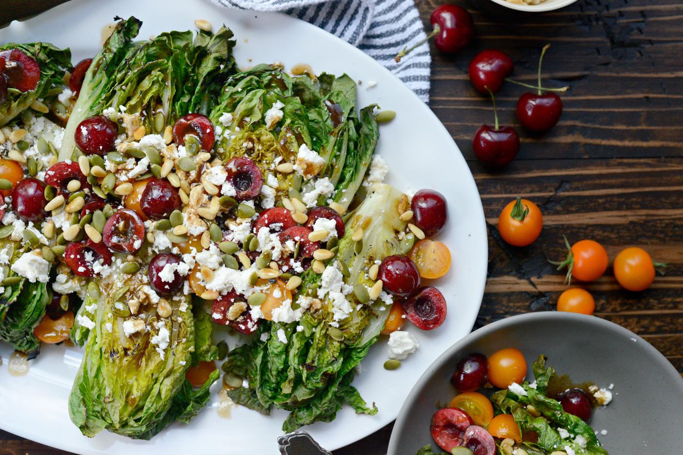 Toasted Pine Nuts and Grilled Romaine Salad with Cherries, Feta