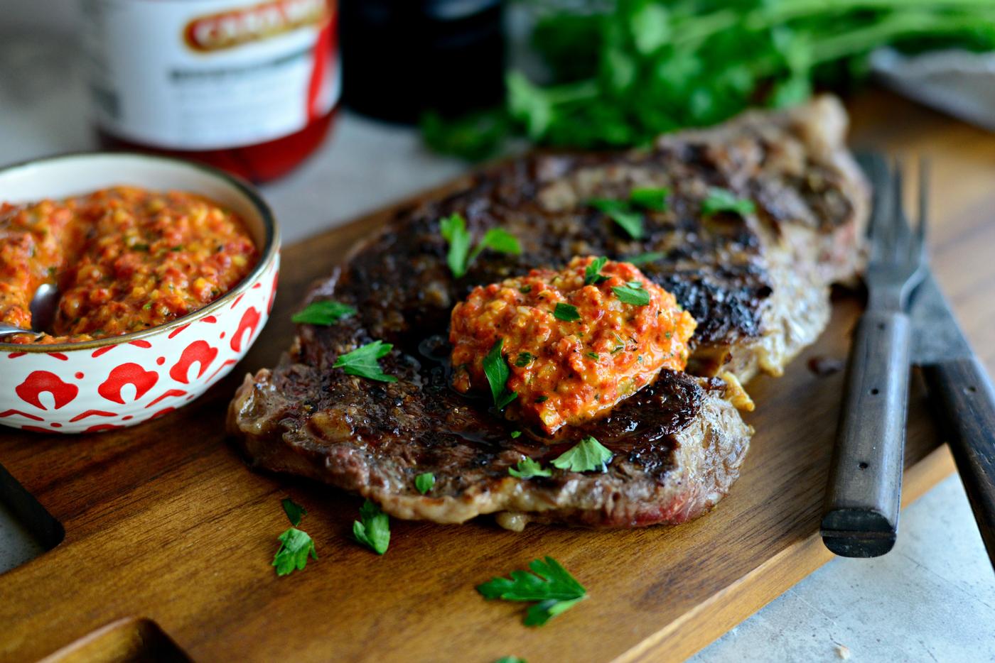 Steak with Piquillo Pepper Pesto, Grilled Style