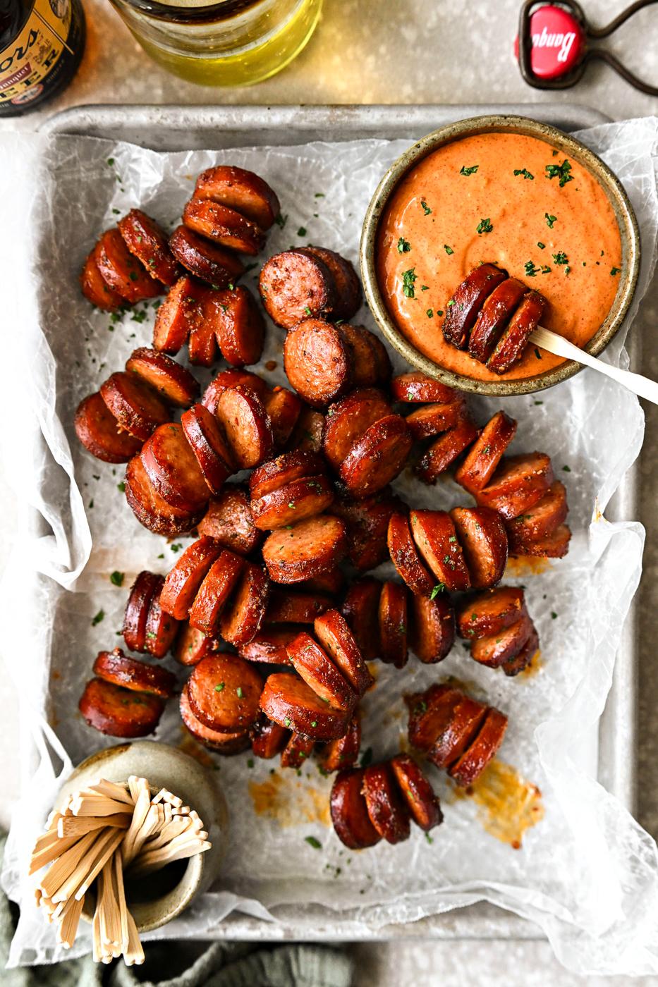 Hasselback Kielbasa Bites with Mustard Aioli at Home