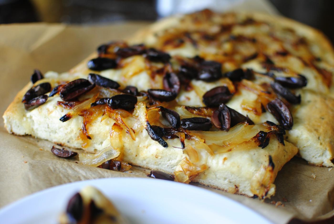 Home Kitchen Herbed Focaccia with Caramelized Onions and Olives