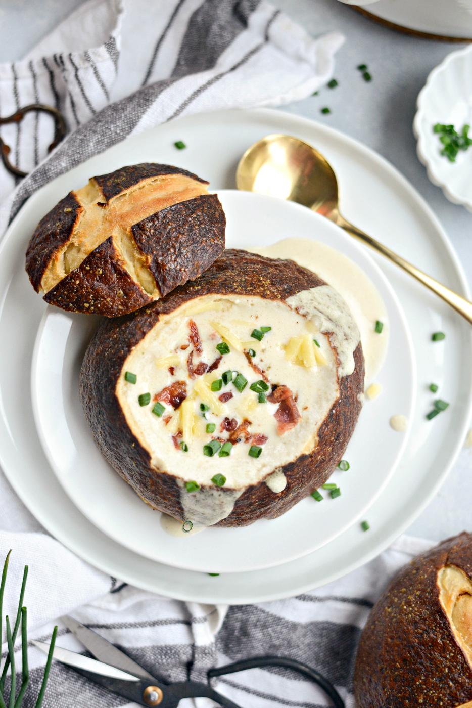 Irish Cheddar Beer Soup in a Pretzel Bowl at Home
