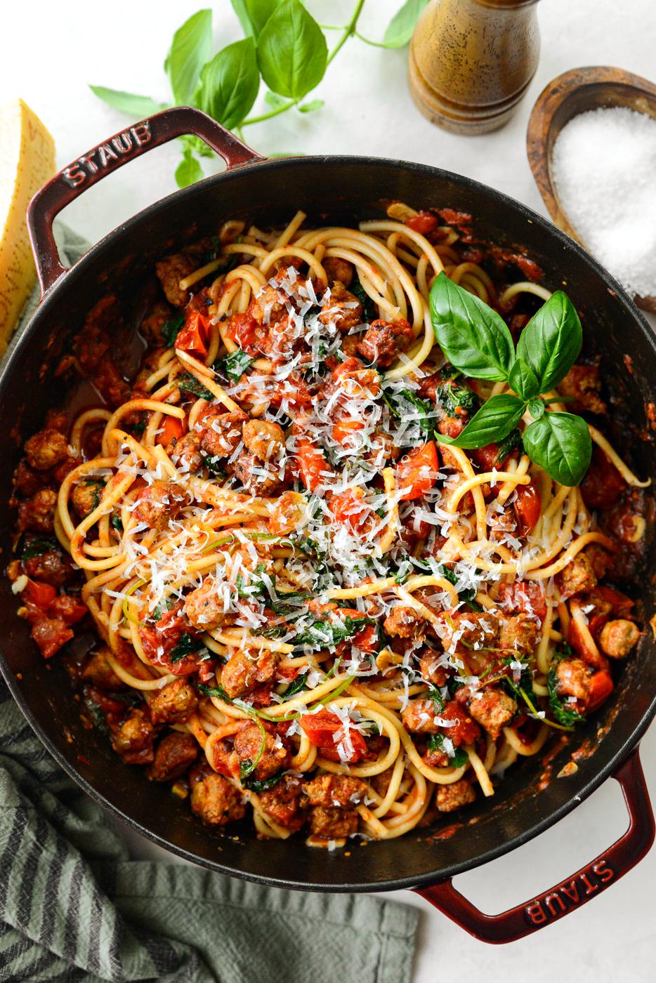 Kale and Blistered Tomato Pasta, Sausage Style