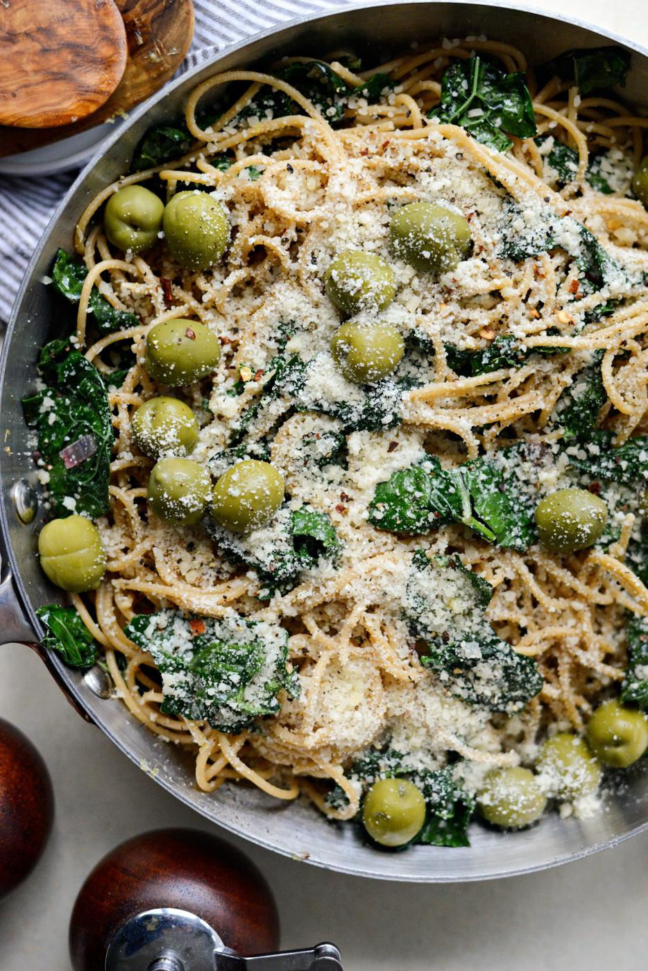 Olives Lemon Parmesan and Kale Spaghetti