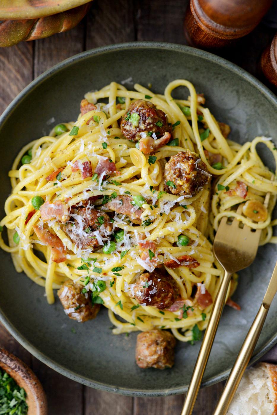 alla Carbonara with Italian Sausage Meatballs, Linguine Style