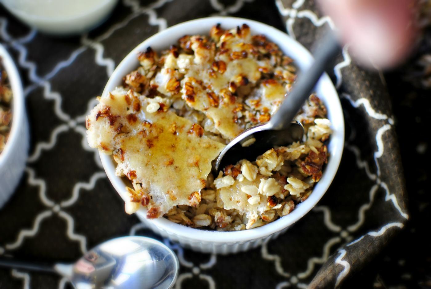 Brûlée with Brown Buttered Pears and Cinnamon Ginger Cream, Oatmeal Style
