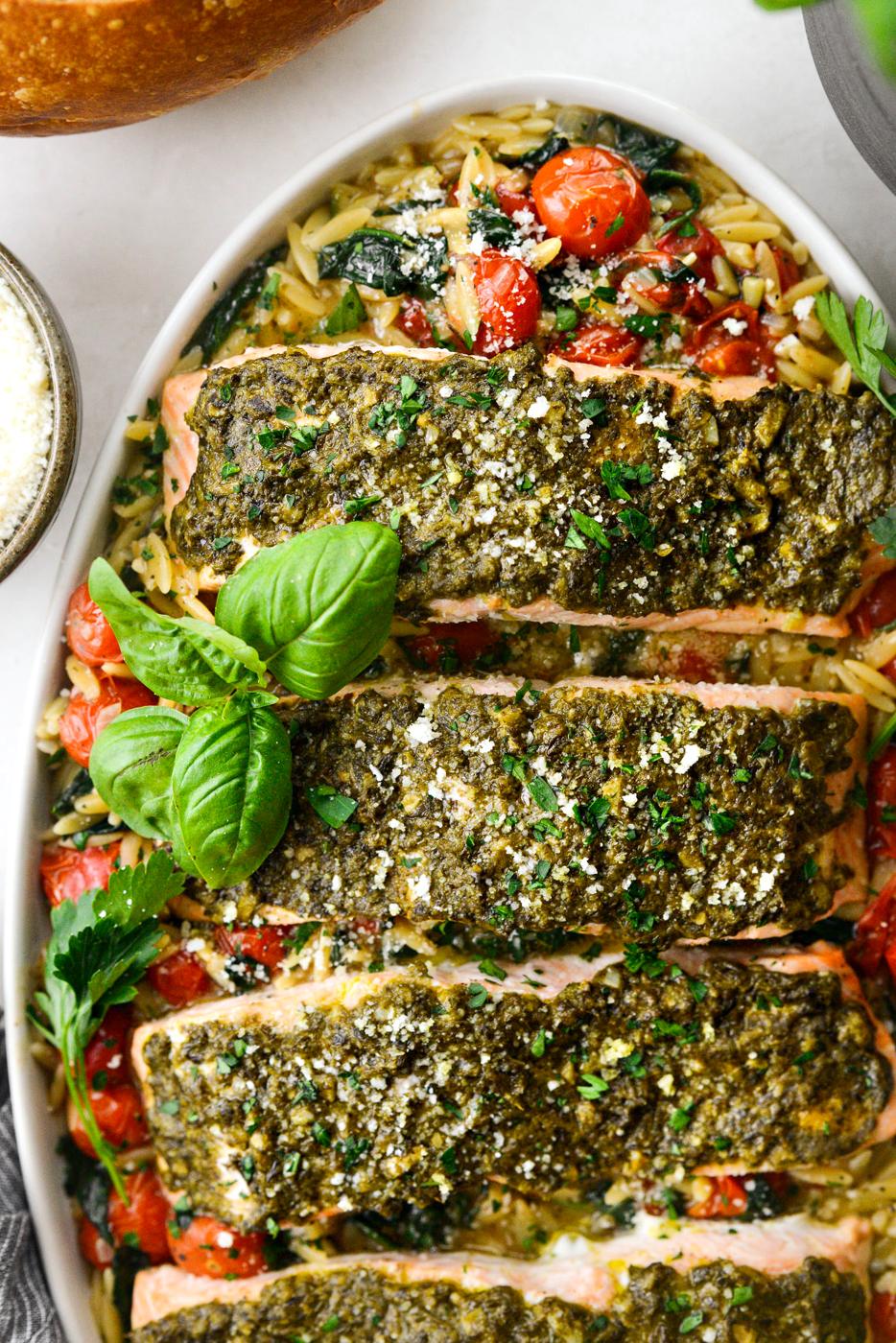 Home Kitchen Pesto Salmon with Blistered Tomato Orzo