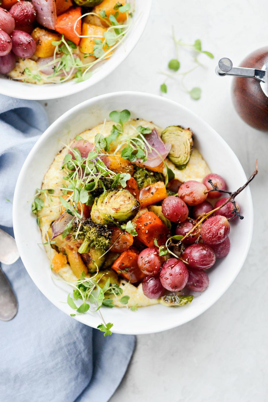 Roasted Honey Balsamic Fall Medley over Goat Cheese Polenta at Home