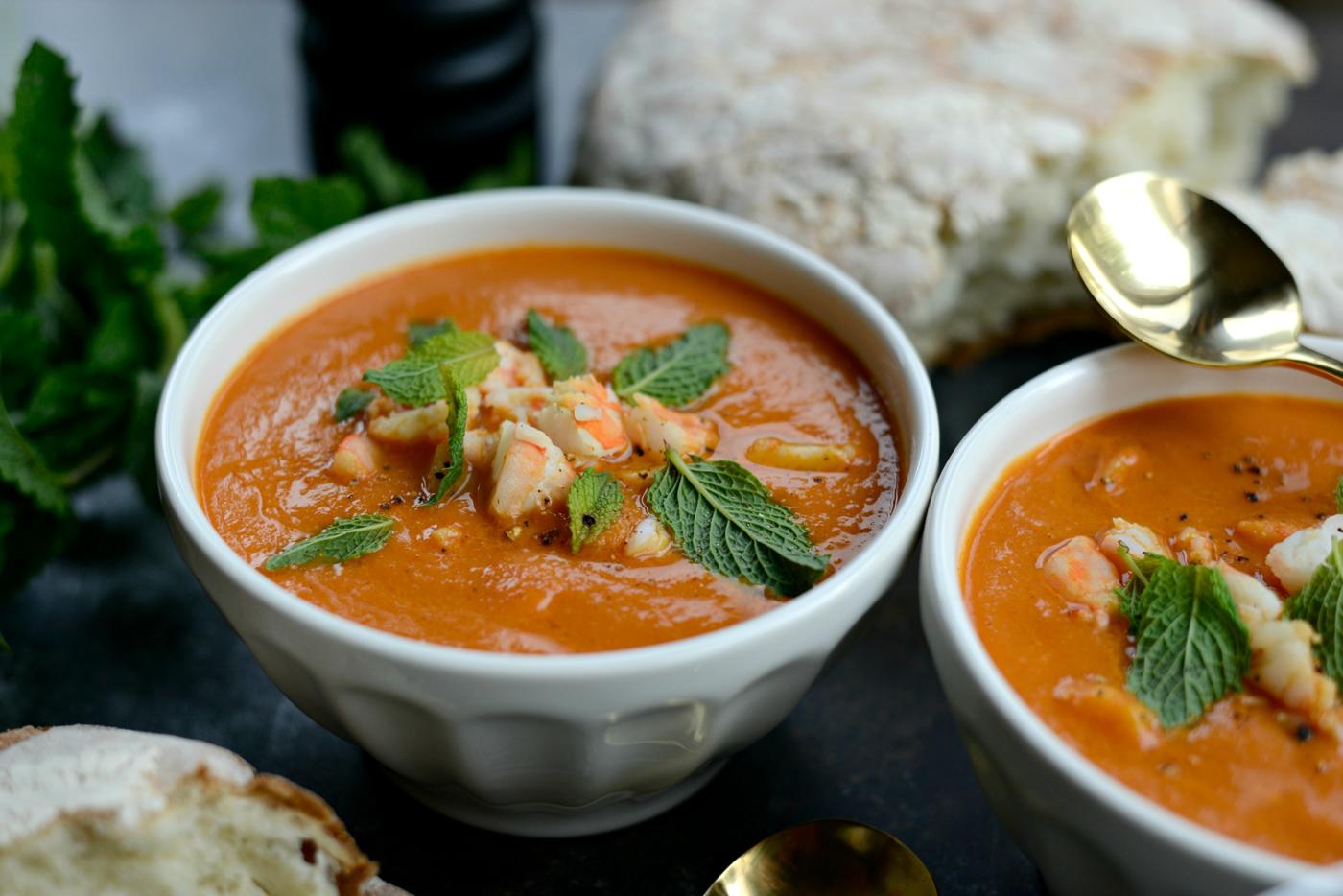 Tomato Curry Soup with Shrimp, Roasted Style