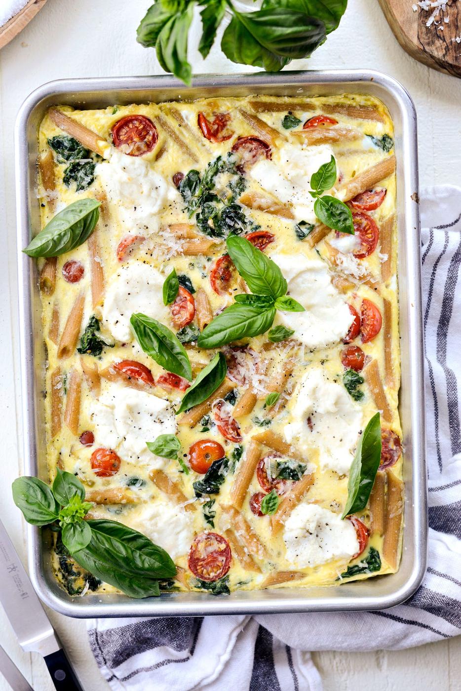 Pan Spinach Tomato Ricotta Pasta Frittata, Sheet Style