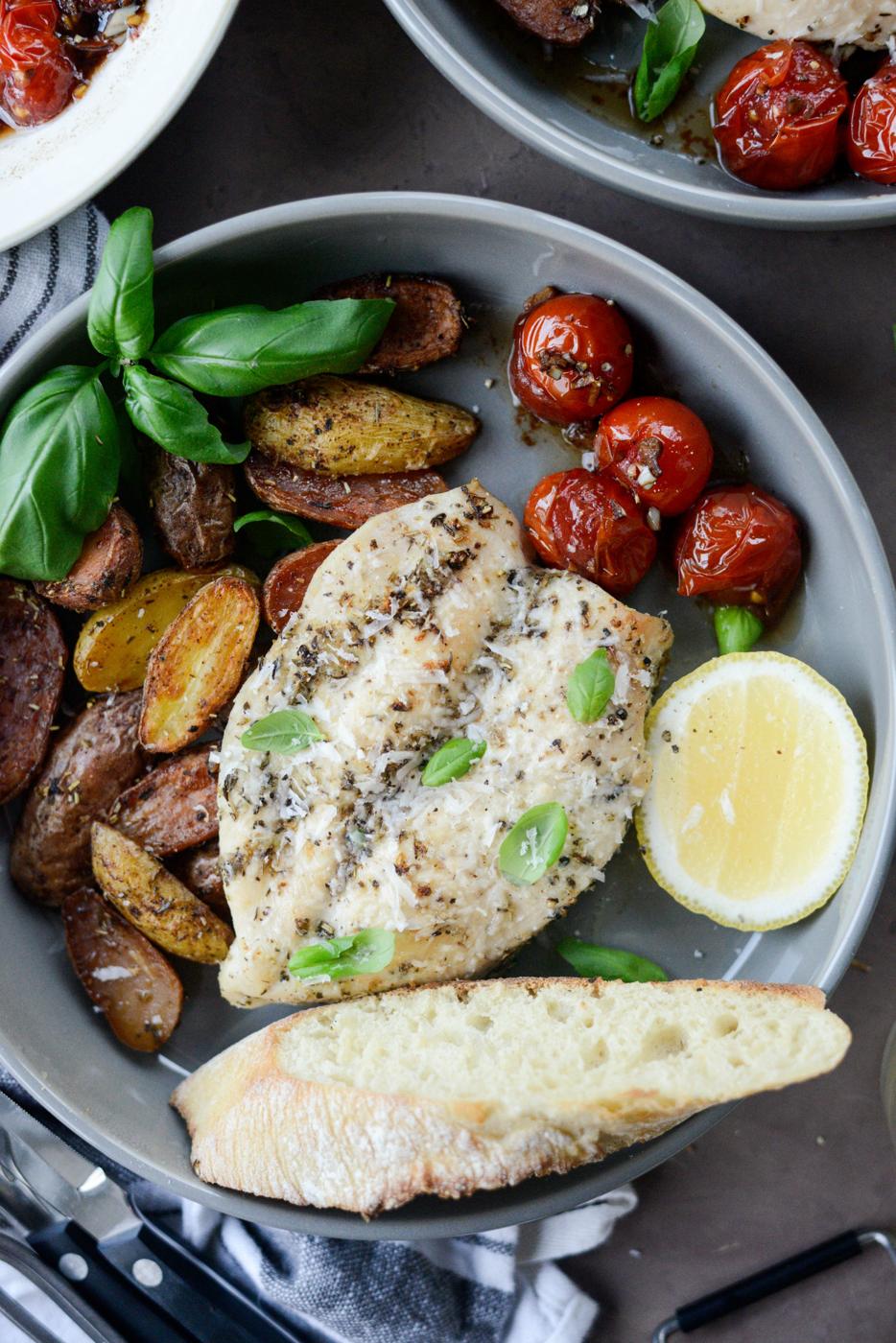 Tuscan Chicken and Potato Sheet Pan Dinner with Balsamic Burst Tomatoes at Home