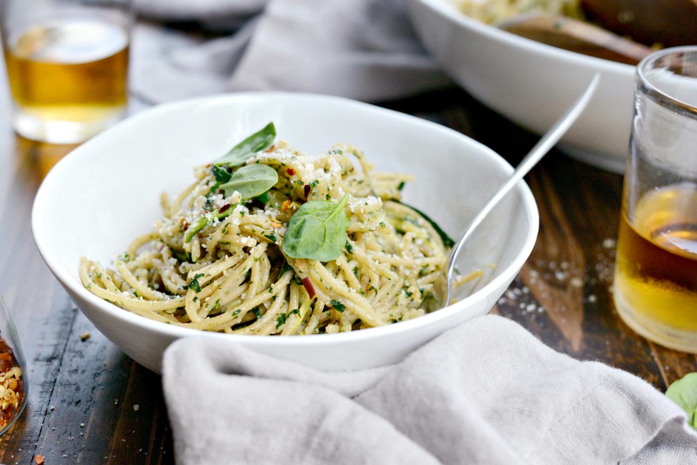 Wheat Spaghetti with Zucchini + Spinach Almond Pesto Sauce, Whole Style