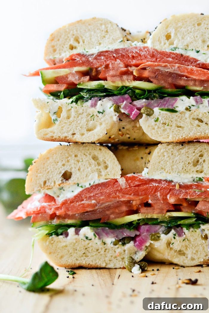 Unpacking 2022 14 Smoked Salmon Bagel Sandwich with fresh vegetables and dill cream cheese