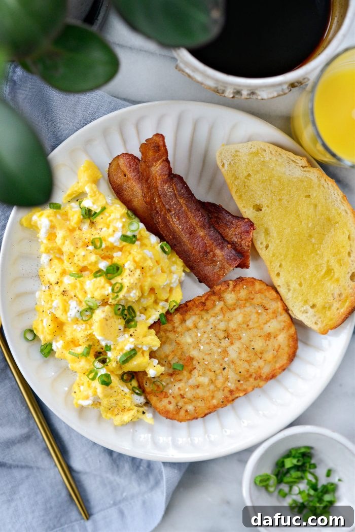 Creamy Cottage Scrambled Eggs 12 Plated Scrambled Eggs with Cottage Cheese garnished with chives