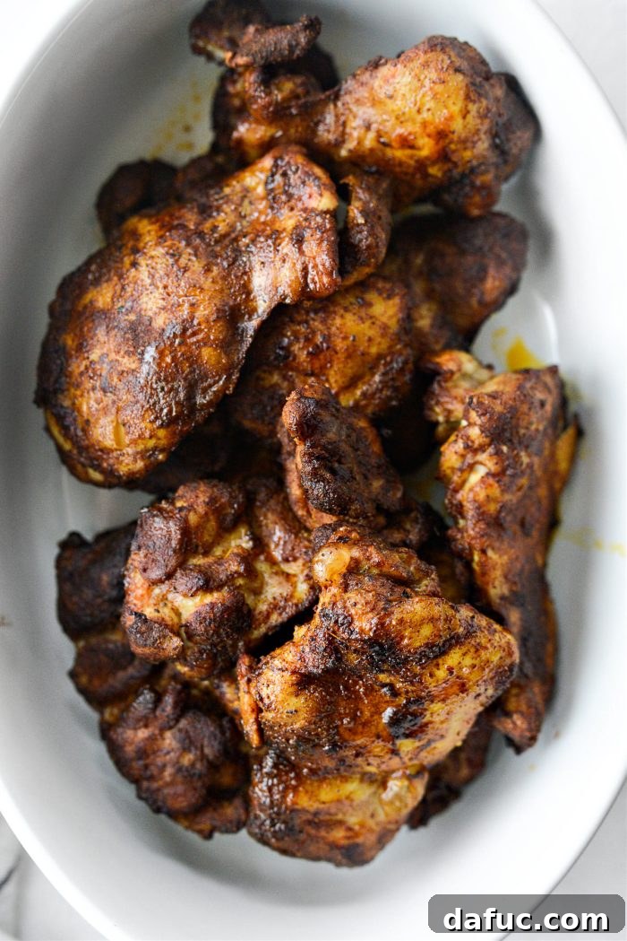 close up of air fried shawarma seasoned chicken thighs