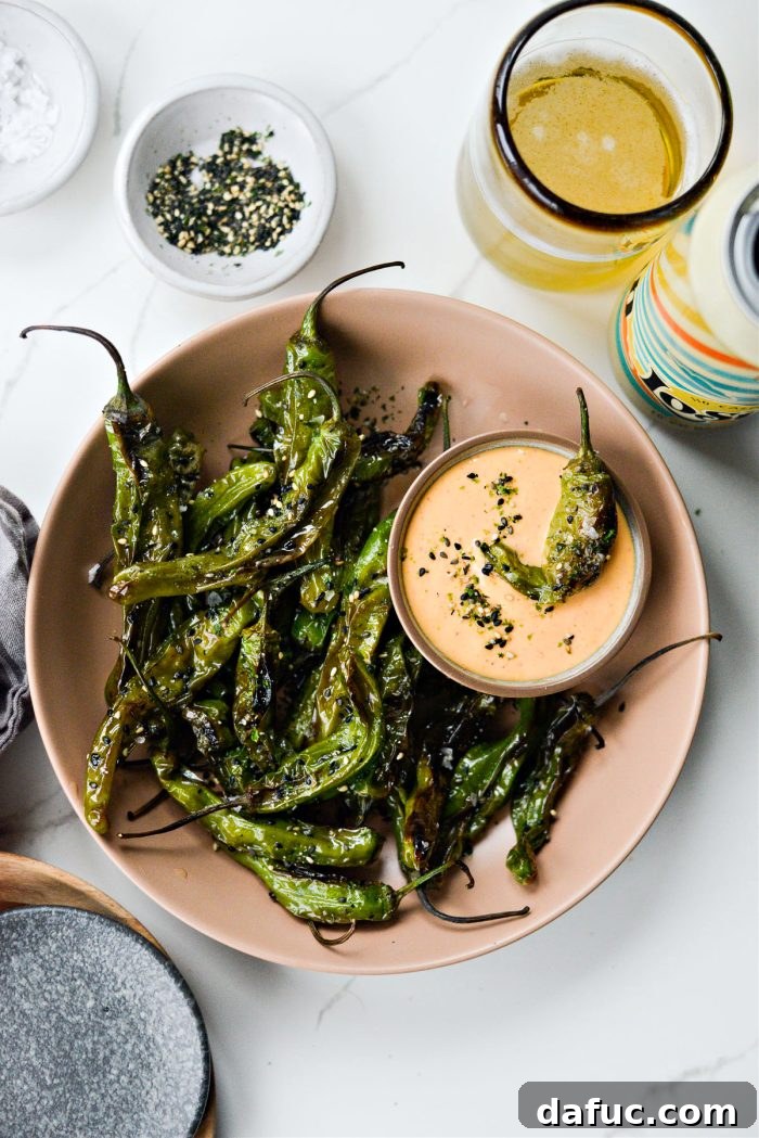 Perfectly Blistered Shishito Peppers topped with Furikake