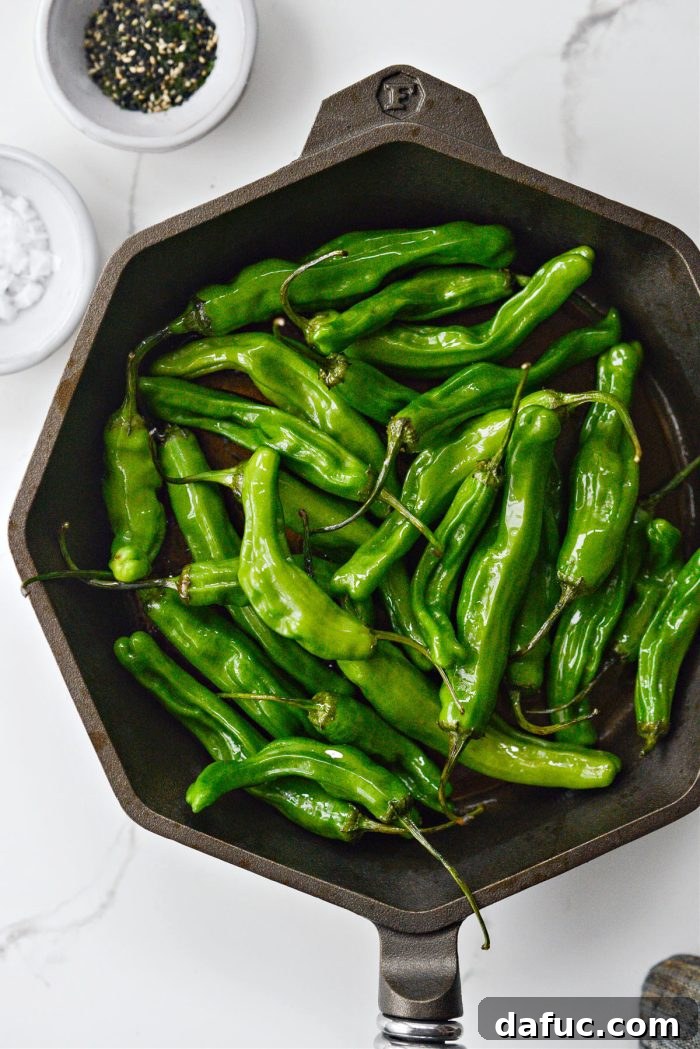 Adding shishito peppers to a screaming hot cast iron skillet