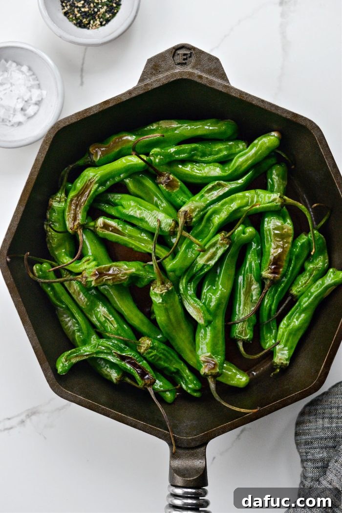 Shishito peppers broiling in a cast iron skillet for 2 minutes
