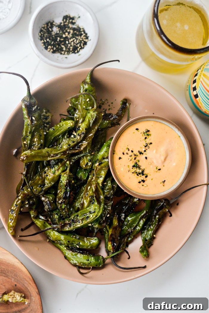 Final plated dish of Furikake Blistered Shishito Peppers with aioli