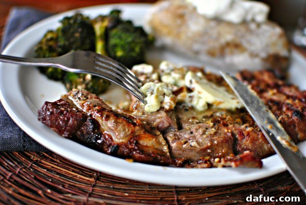 Seared Ribeye with Sweet Shallot Blue Cheese Butter 21 Close-up of a perfectly cooked Ribeye with compound butter