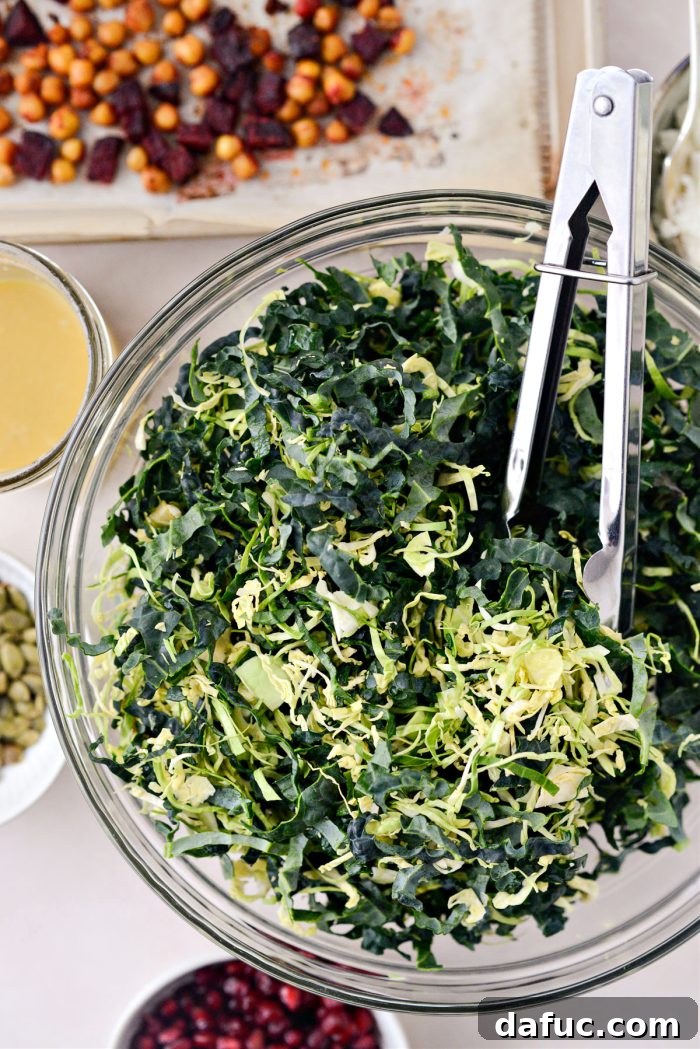 thinly sliced kale and brussels tossed together