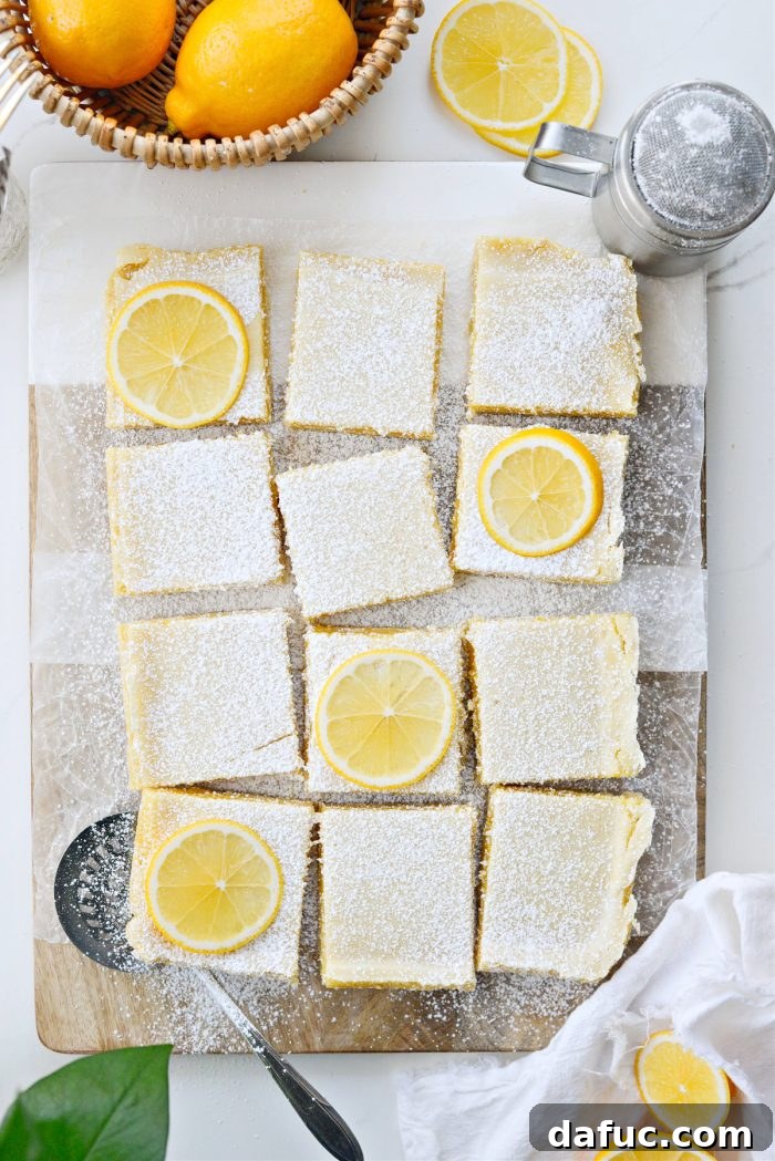 Meyer Lemon Bars dusted with powdered sugar, showcasing their beautiful texture