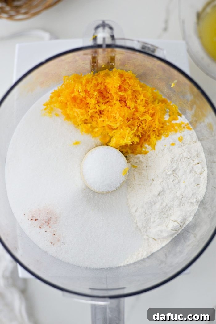 Granulated sugar, flour, Meyer lemon zest, and salt in a food processor