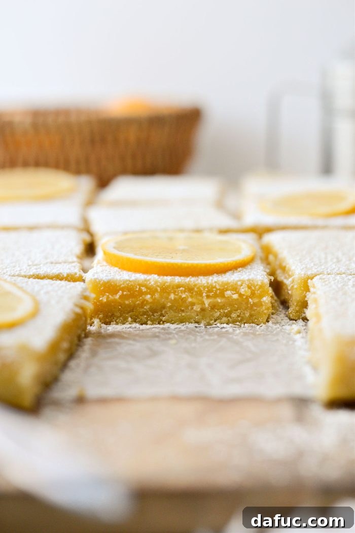 Close-up of freshly baked Meyer Lemon Bars, ready to be sliced