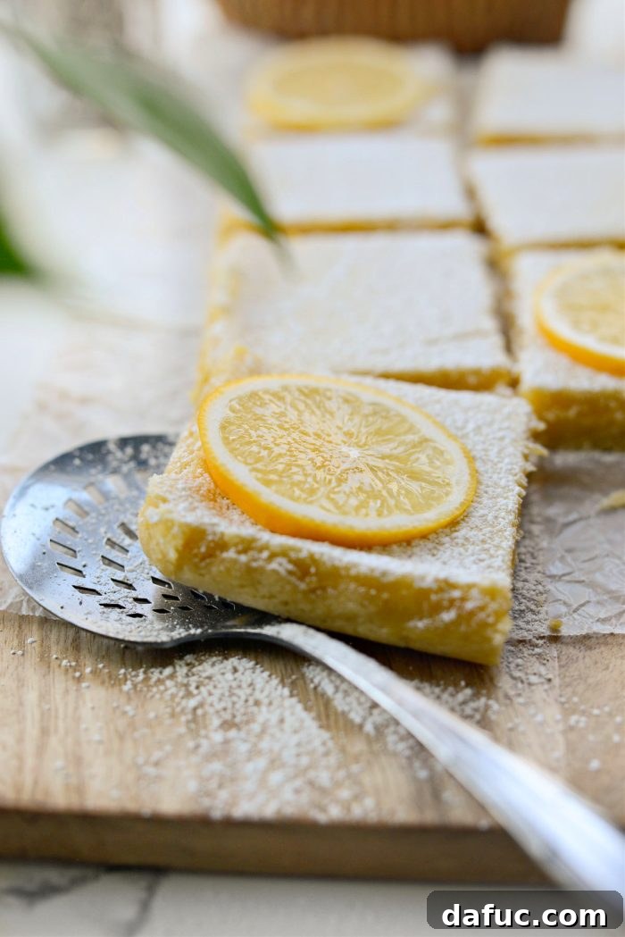Stack of Meyer Lemon Bars, showing their tempting layers