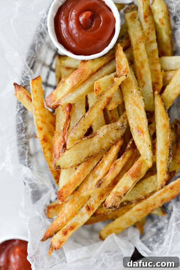 Golden Crispy Oven Fries 18 Close-up of a single perfectly crispy oven baked French fry, highlighting its golden texture.