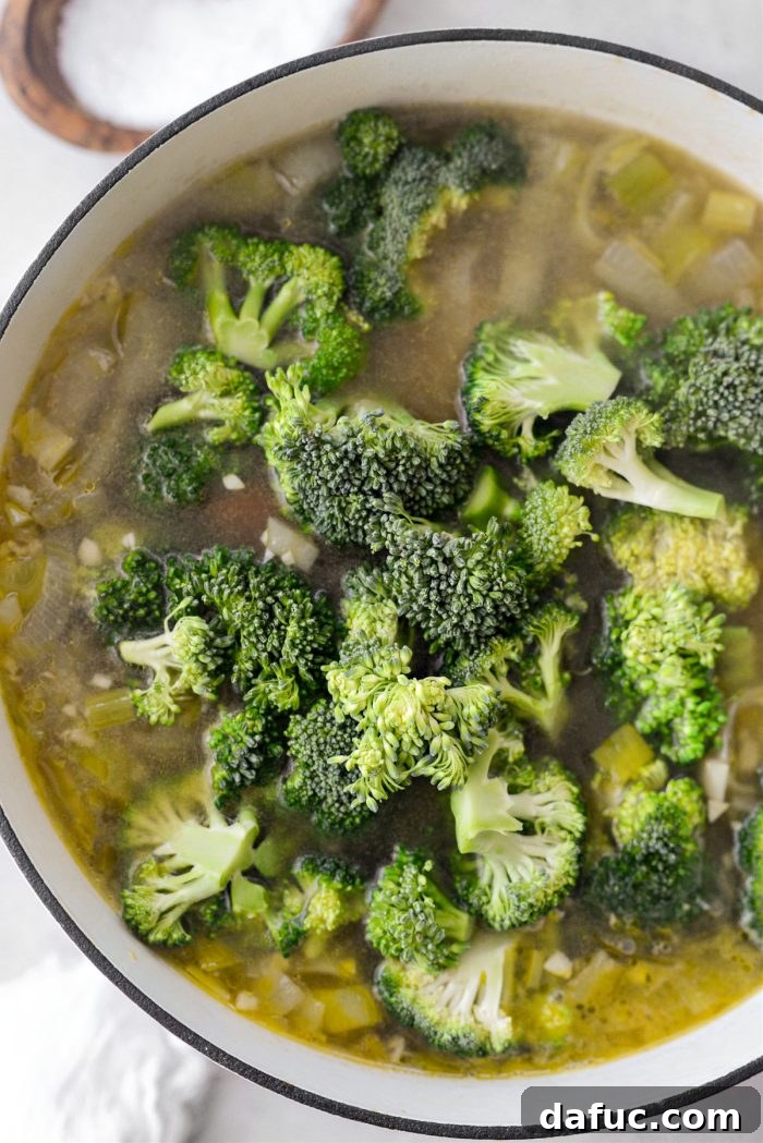 Hearty Irish Vegetable Soup 12 Broccoli florets being added to the simmering soup.