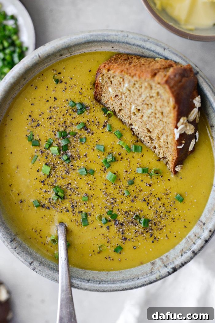 Hearty Irish Vegetable Soup 18 A close-up shot of creamy Irish Vegetable Soup in a bowl.