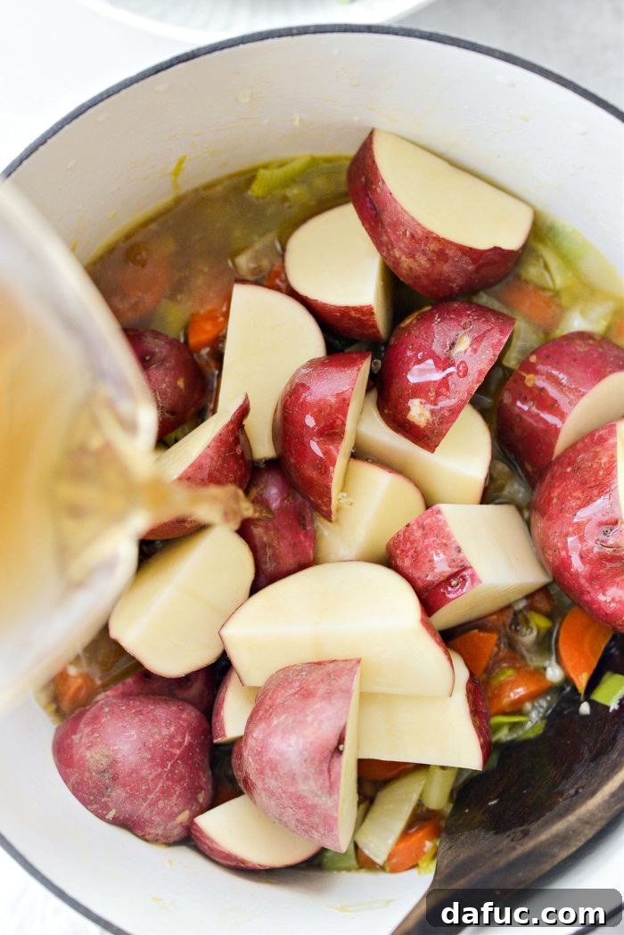 Hearty Irish Vegetable Soup 10 Unsalted vegetable broth being poured over vegetables and potatoes in a Dutch oven.