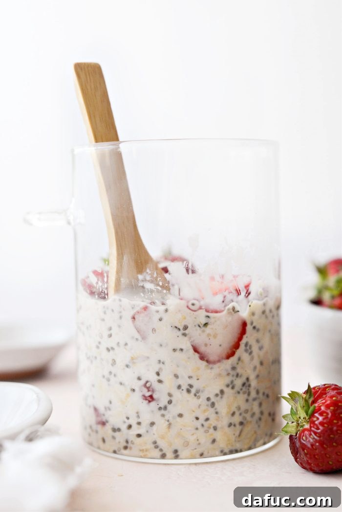 Creamy Strawberry Overnight Oats 13 A final close-up of Strawberries and Cream Overnight Oats, highlighting the delicious textures and toppings.