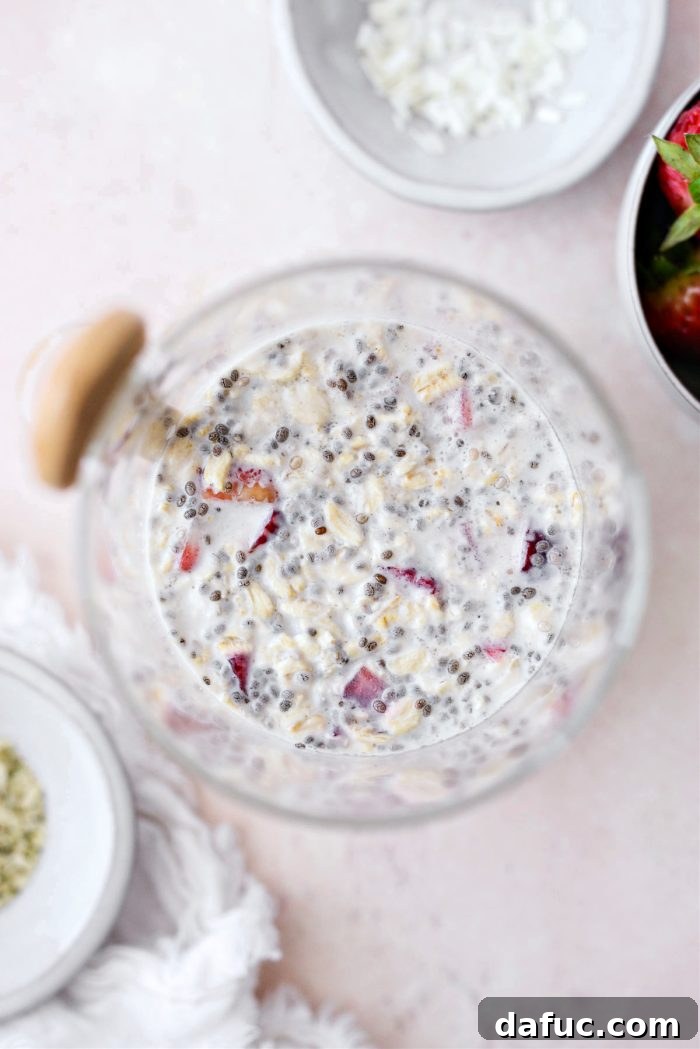 Creamy Strawberry Overnight Oats 10 Overnight oats in a jar, uncovered and ready to be enjoyed the next morning.