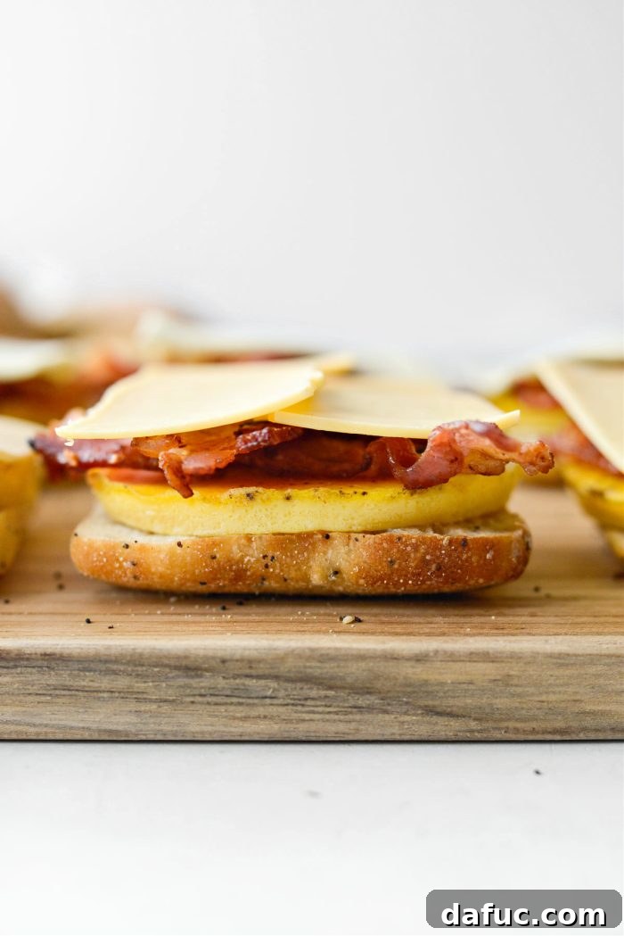 Assembling the sandwiches with egg, bacon, and gouda cheese on the bottom half of the rolls